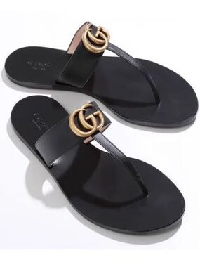 GUCCI Double G Lifford Leather Black Thong Sandal sz 37